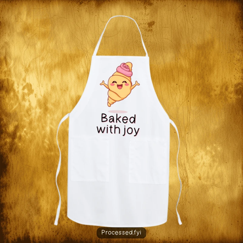 Funny croissant apron print of a happy pastry with swirls leaping joyfully, ideal for kitchen fun and protection.