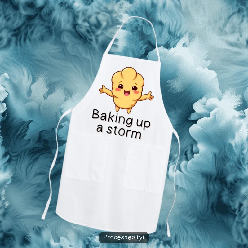 Funny croissant apron showing a beaming, anthropomorphic croissant with arms outstretched, ready to assist in the kitchen with a warm, cartoon embrace.