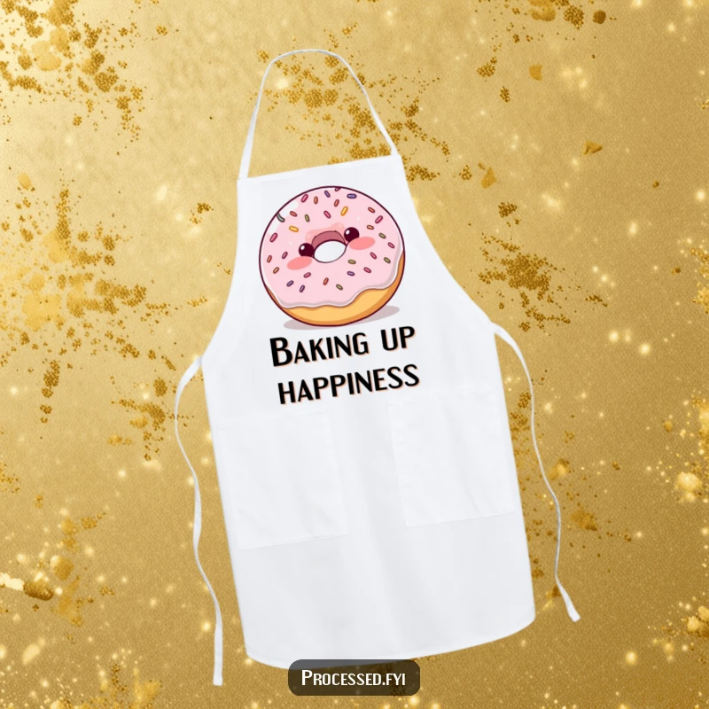 Funny plump donut with blush and sprinkles bouncing enthusiastically, a humorous and practical apron for cooking.