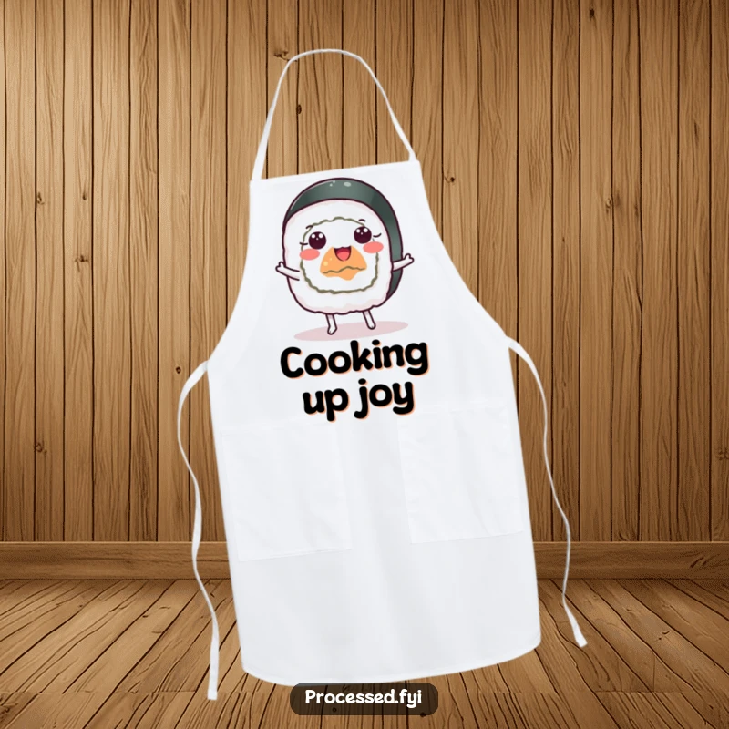 Funny cheerful sushi roll with wide eyes dancing happily, a humorous and practical apron for cooking.