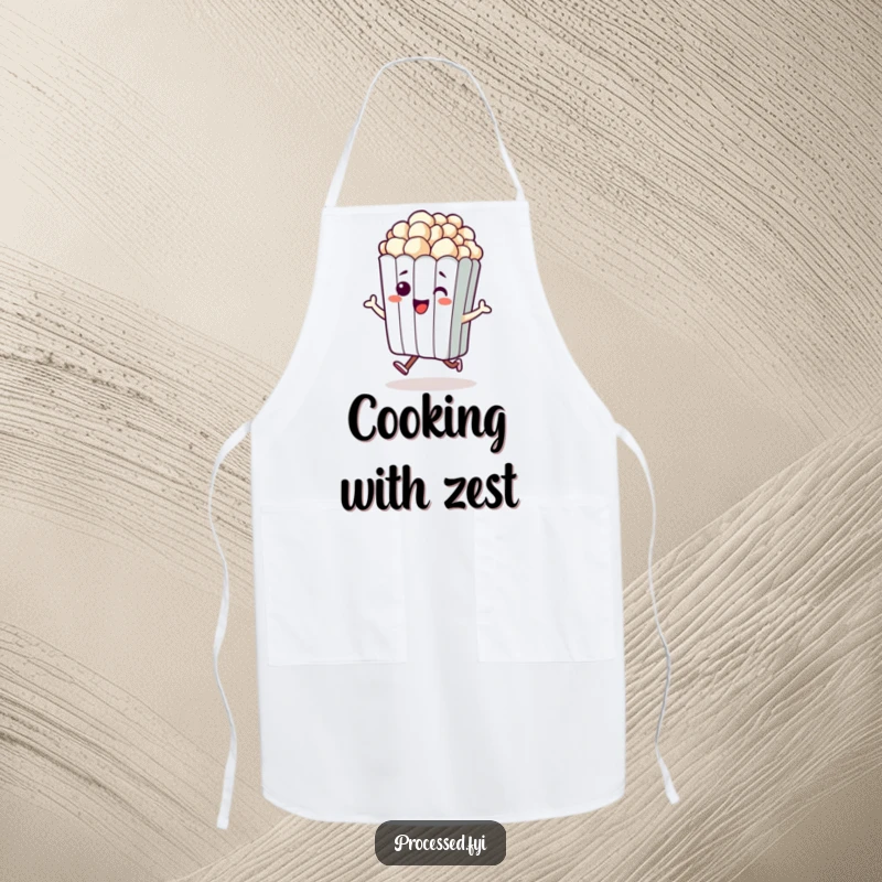 Funny apron showcasing a beaming anthropomorphic bag of popcorn doing a little hop, perfect for kitchen fun.
