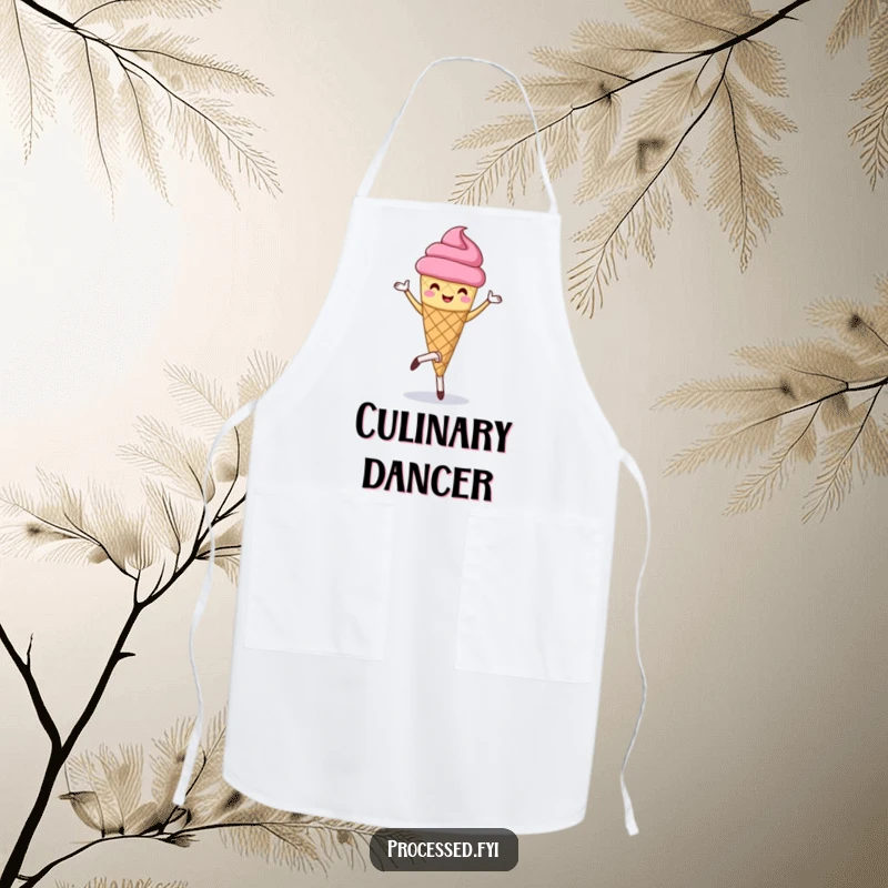 Funny apron showcasing a cheerful anthropomorphic ice cream cone mid-pirouette, perfect for kitchen fun.
