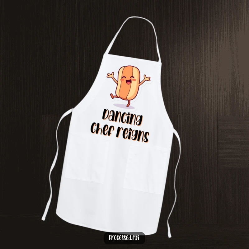 Funny apron adorned with a dancing hot dog character with wiggling legs and arms, perfect for humorous kitchen activities.