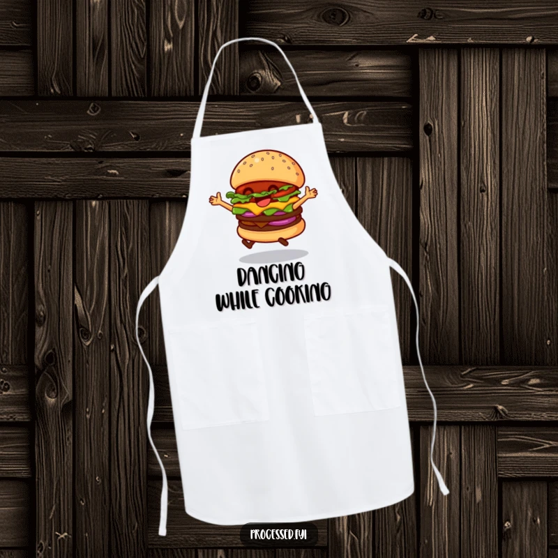 Funny Dancing Hamburger Apron, a burger in mid-dance, perfect for humorous cooking and adding flair to kitchen wear.
