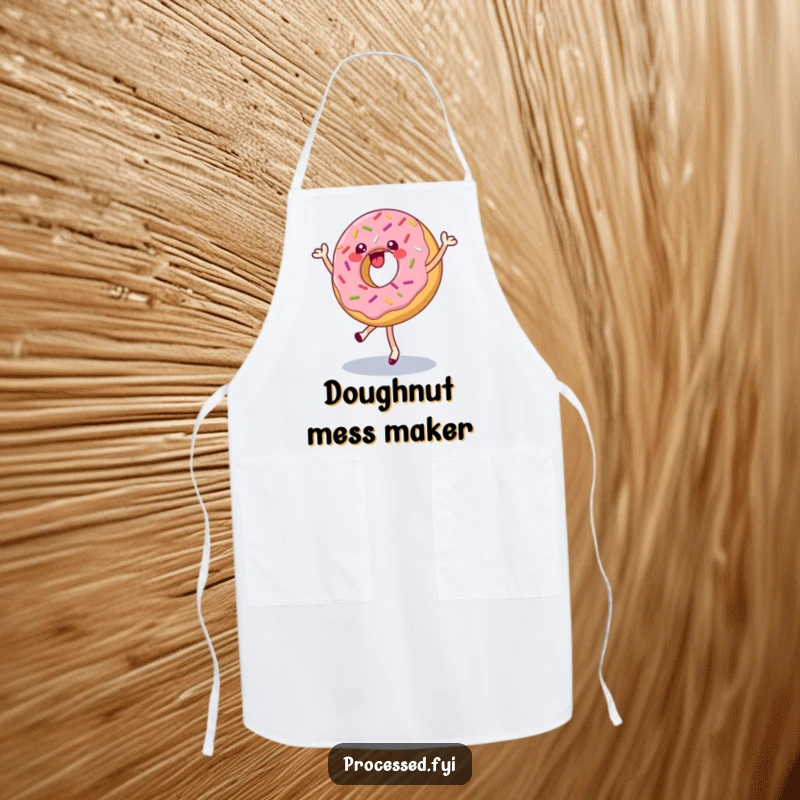 Funny apron with a cheerful donut with sprinkles doing a pirouette, great for baking