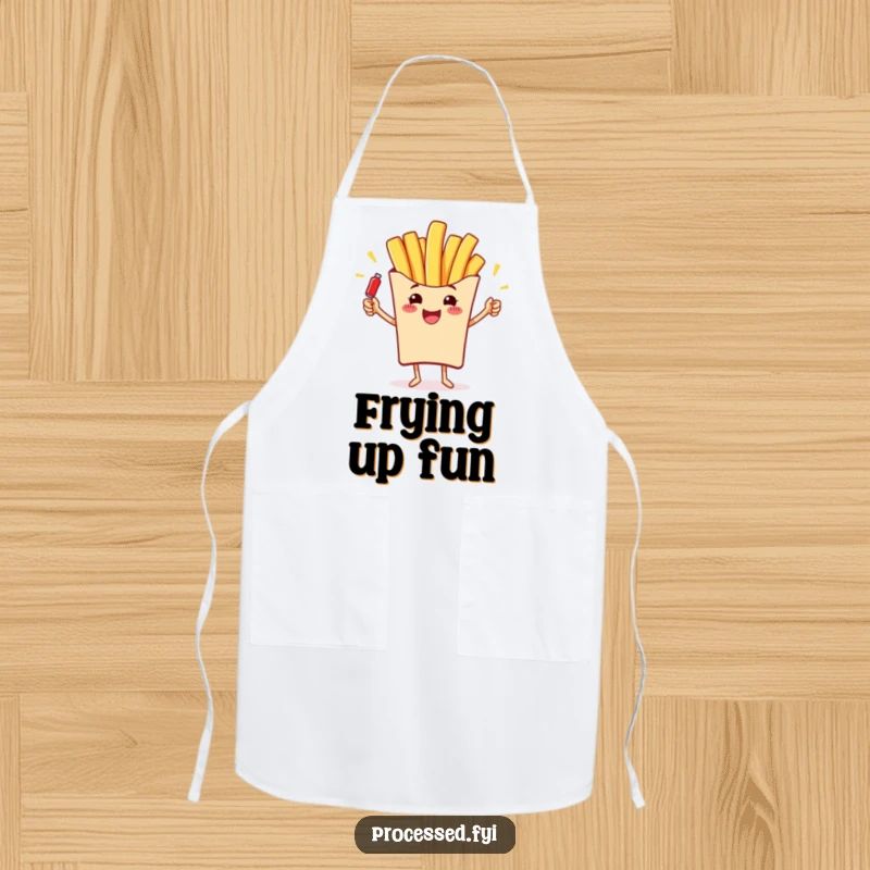 Funny kitchen apron with a cheerful french fry juggling miniature ketchup bottles, adding humor to cooking.