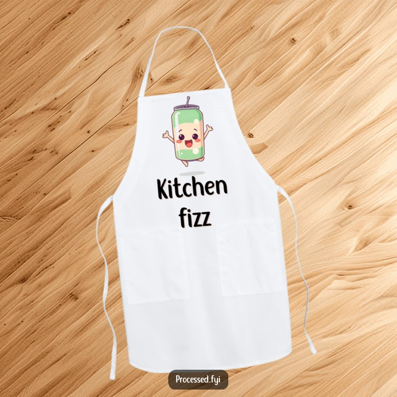 Funny bubbly soda can leaping with excitement, featured on a practical and humorous apron.