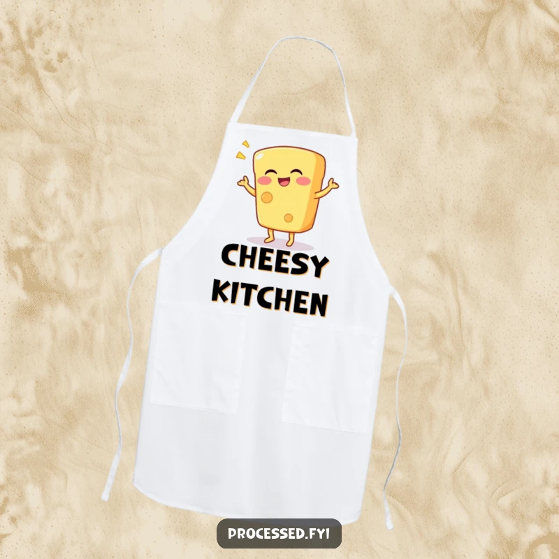 Funny apron depicting a giggling anthropomorphic cheese wedge doing a silly dance, ready to add fun to any kitchen task.