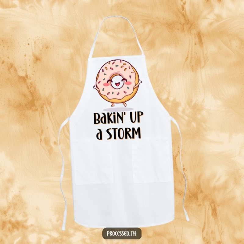 Funny apron featuring a grinning donut with sprinkles, doing a little dance, a humorous and functional kitchen accessory.