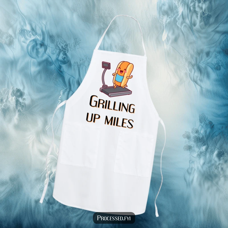 Funny apron featuring a hot dog character jogging on a treadmill, a humorous and practical accessory for kitchen activities.