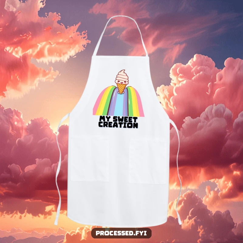 Funny apron with a joyful ice cream cone sliding down a rainbow slide, perfect for a sweet and humorous cooking experience.
