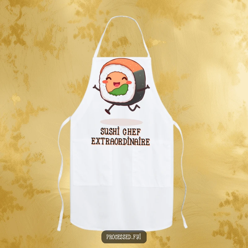 Funny leaping sushi roll apron featuring a smiling, anthropomorphic sushi roll with stick legs ready to jump into action in the kitchen.