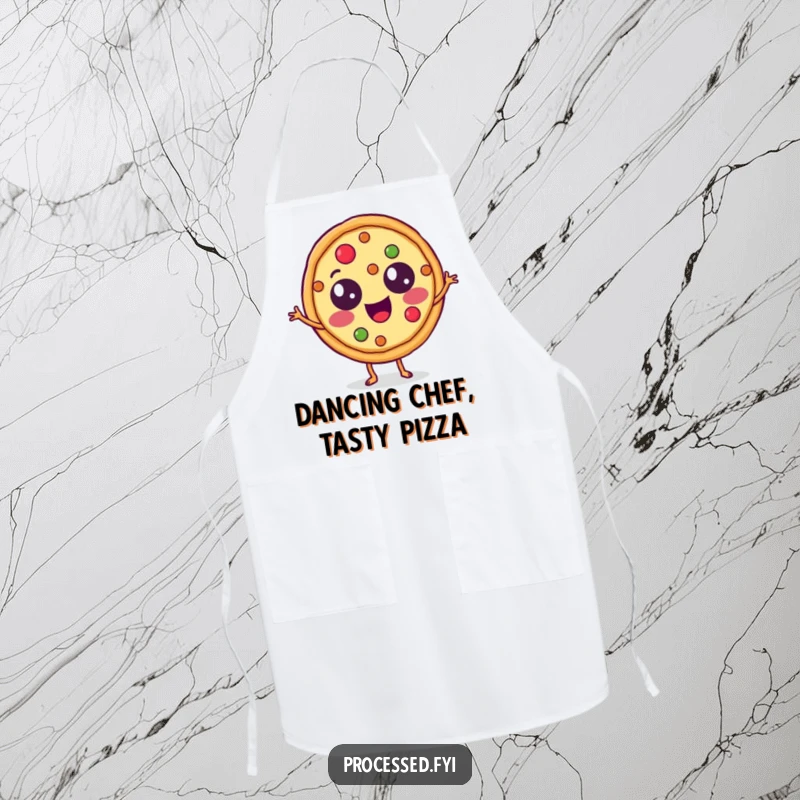 Funny Apron depicting a lively pizza slice with topping eyes dancing a jig, ready to add fun to any meal prep.