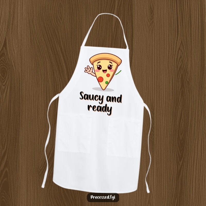 Funny apron featuring a gleeful pizza slice character with expressive eyes, winking while waving a pepperoni hand, ideal for kitchen fun.