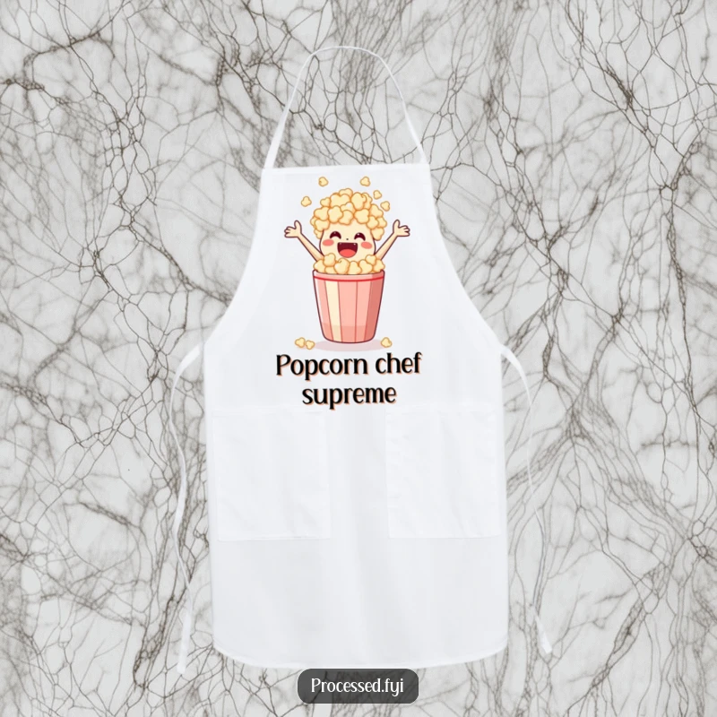 Funny Apron depicting a lively popcorn bag leaping from its container, ready to add fun to any cooking session.