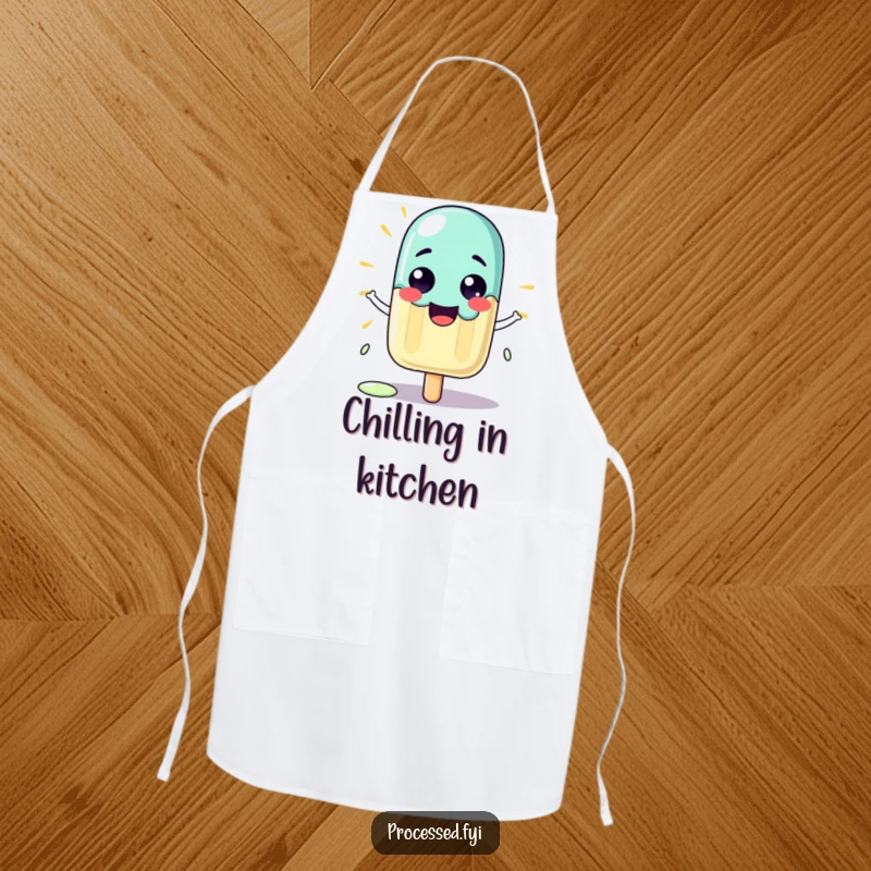 Funny apron featuring a proud cartoon popsicle character melting slightly in the sun, perfect for a cool cook.