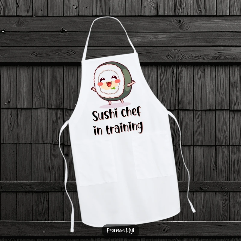 Funny apron featuring a cheerful sushi roll with tiny feet, bouncing energetically, perfect for chefs and foodies who love a laugh.