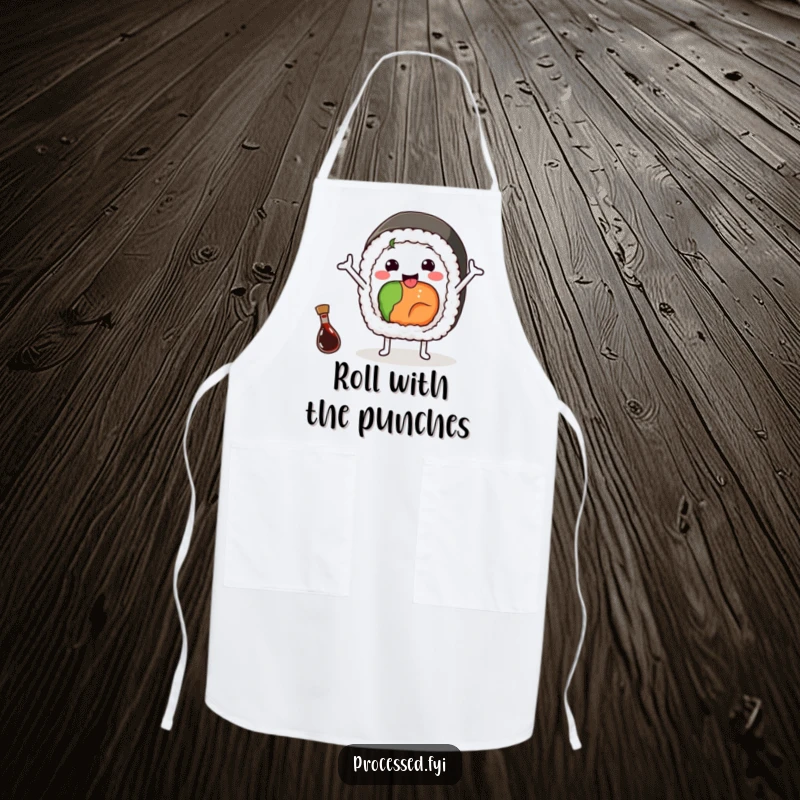 Funny apron with a cheerful sushi roll waving happily with arms, a tiny soy sauce bottle nearby, great for cooking