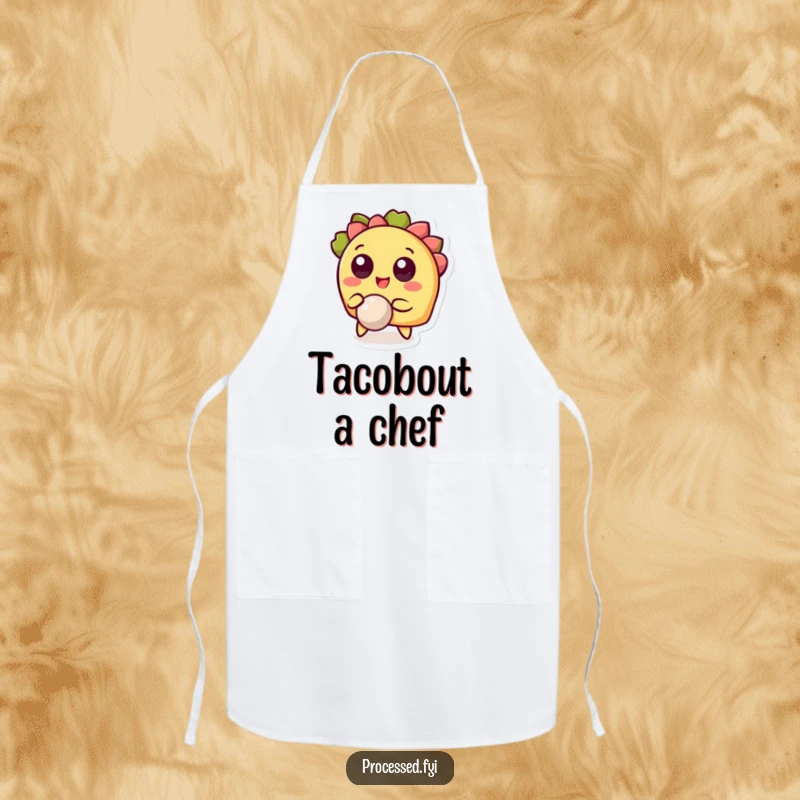 Funny apron showing a cheerful taco character with wide eyes, bouncing a ball, a humorous and functional kitchen accessory.