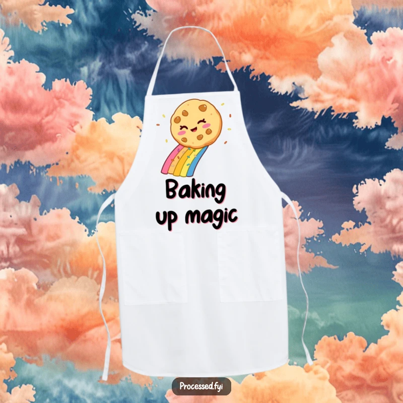 Funny winking cookie sliding down a multicolor sprinkle rainbow, featured on a delightful and practical apron for cooking.