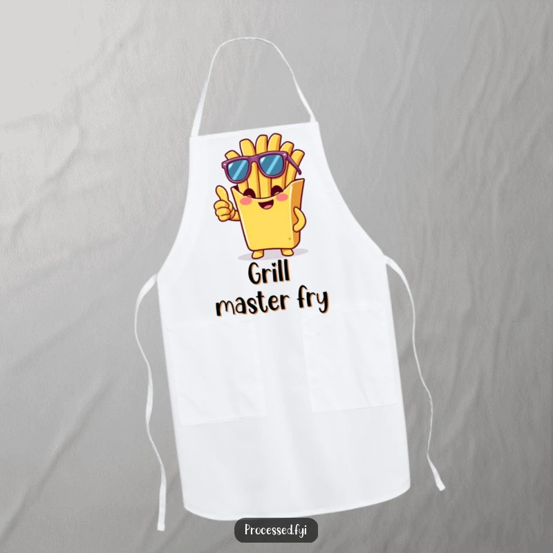 Funny apron with a cheeky french fry wearing sunglasses and giving a thumbs-up, perfect for a cool and humorous cooking experience.