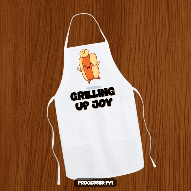 Funny kitchen apron with a smiling hot dog leaping with tiny legs, a bun on its head, adding humor to cooking.