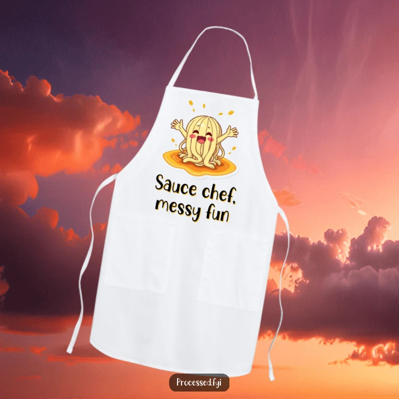 Funny apron with a wacky, arm-flailing noodle character splashing playfully in a large puddle of delicious cooking sauce.