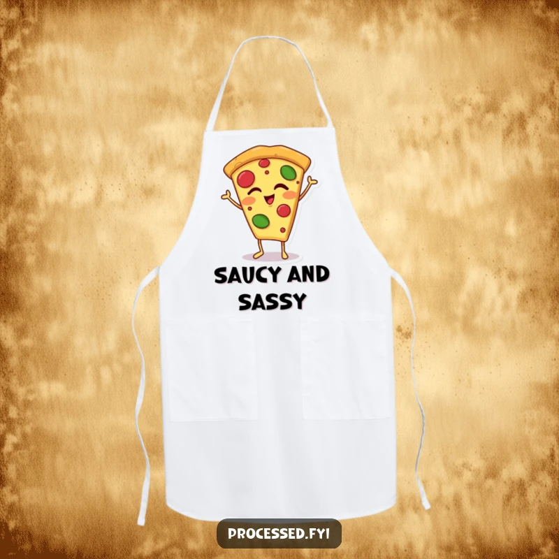 Funny winking pizza slice apron featuring a happy, anthropomorphic pizza slice on tiny feet, ready to add a touch of cartoon charm to any cooking task.