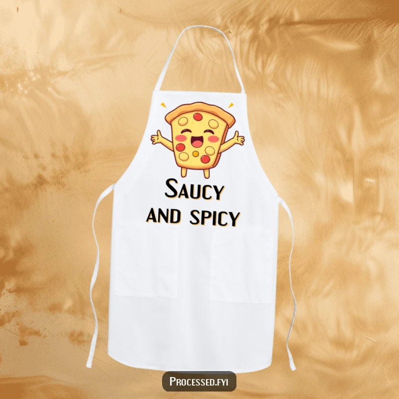 Funny apron featuring a beaming slice of pizza with arms outstretched, giggling with joy, perfect for chefs and food lovers who appreciate humor.