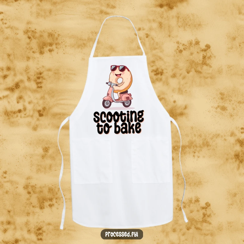 Funny Donut Scooter Apron, a smiling donut with sunglasses riding, perfect for humorous cooking sessions with flair.