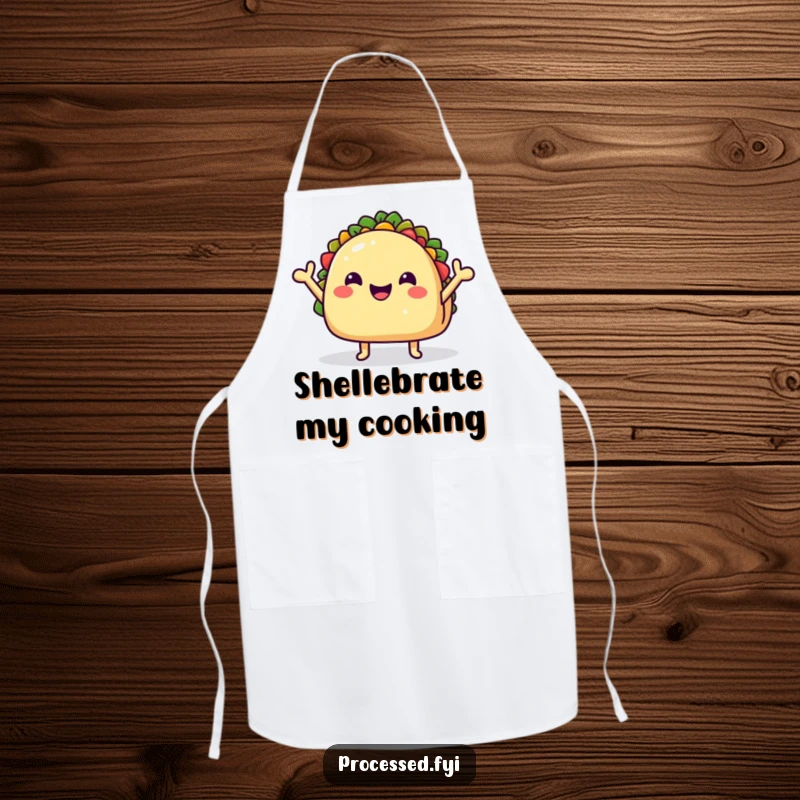 Funny Apron showing a happy taco shell character with tiny arms waving, ready to add cheer to any culinary creation.
