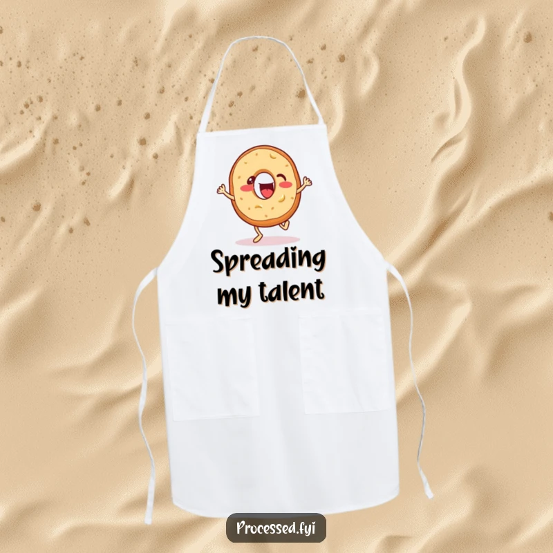 Funny apron with an energetic bagel with cream cheese, enthusiastically tapping its feet, great for cooking