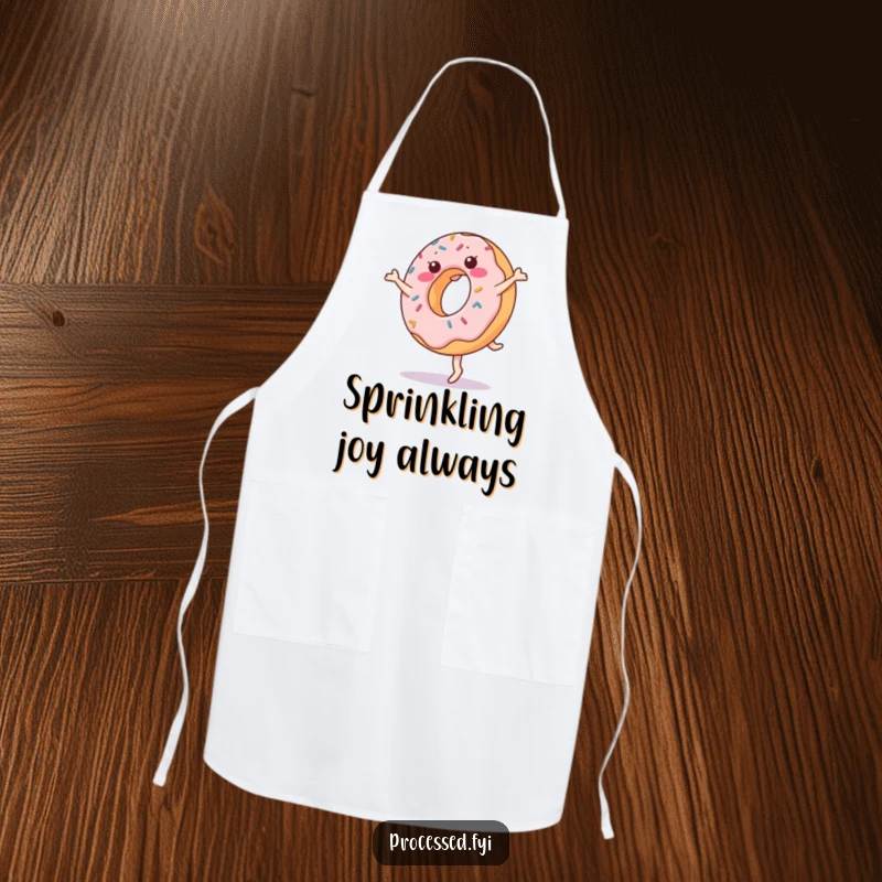 Funny donut apron showing a cheerful, anthropomorphic donut with sprinkles performing a cartwheel, ready to add fun to any culinary task.