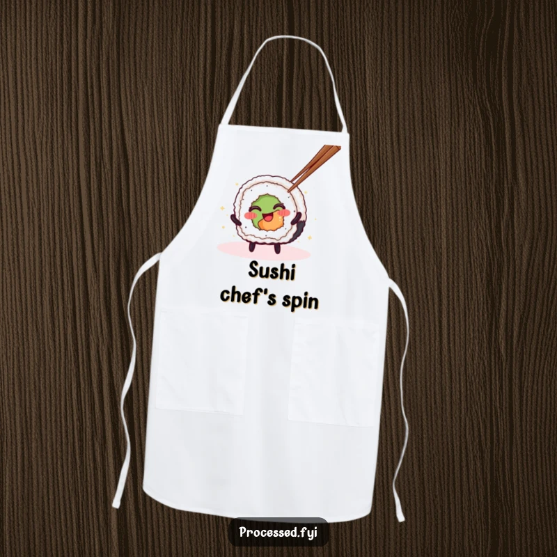 Funny Sushi Roll Apron featuring a spinning character, designed for culinary fun and adding a humorous touch to cooking.