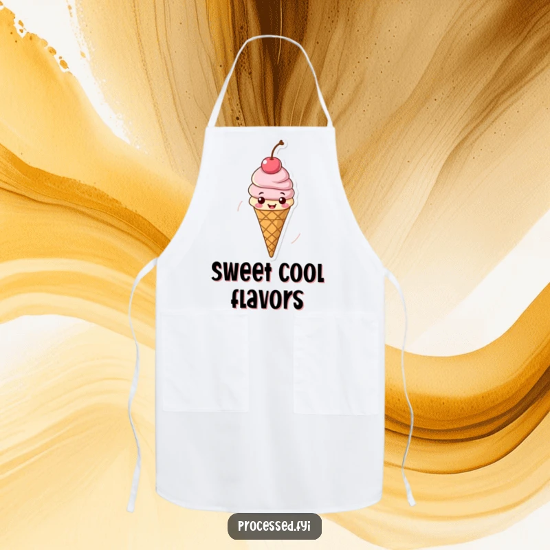 Funny apron showcasing a cheerful ice cream cone spinning with a cherry, perfect for cooks who want to add humor.