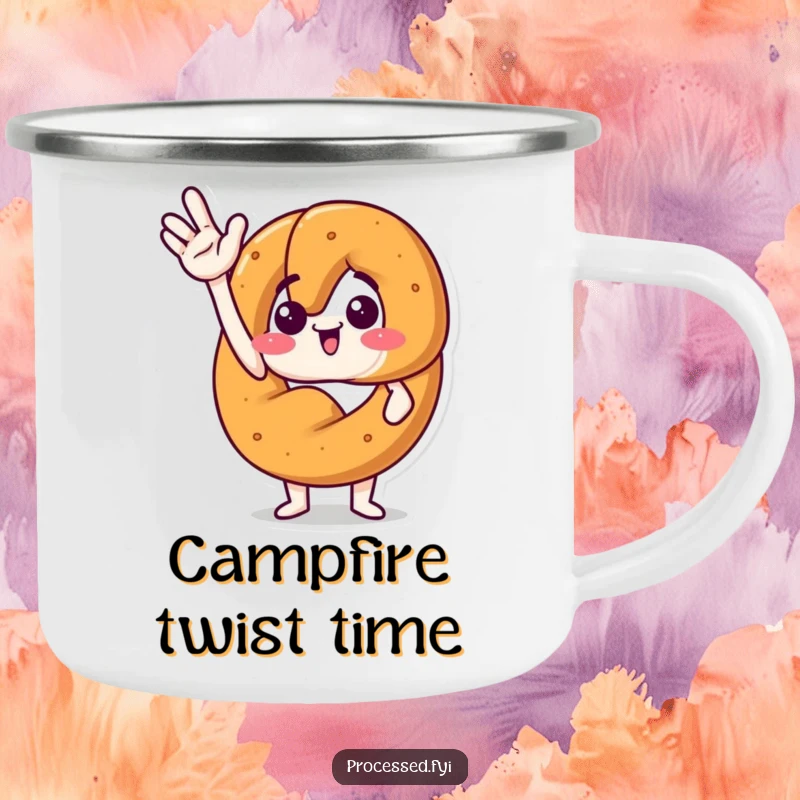 Funny camping mug with a happy anthropomorphic pretzel giving an excited wave. Durable and perfect for outdoor use.