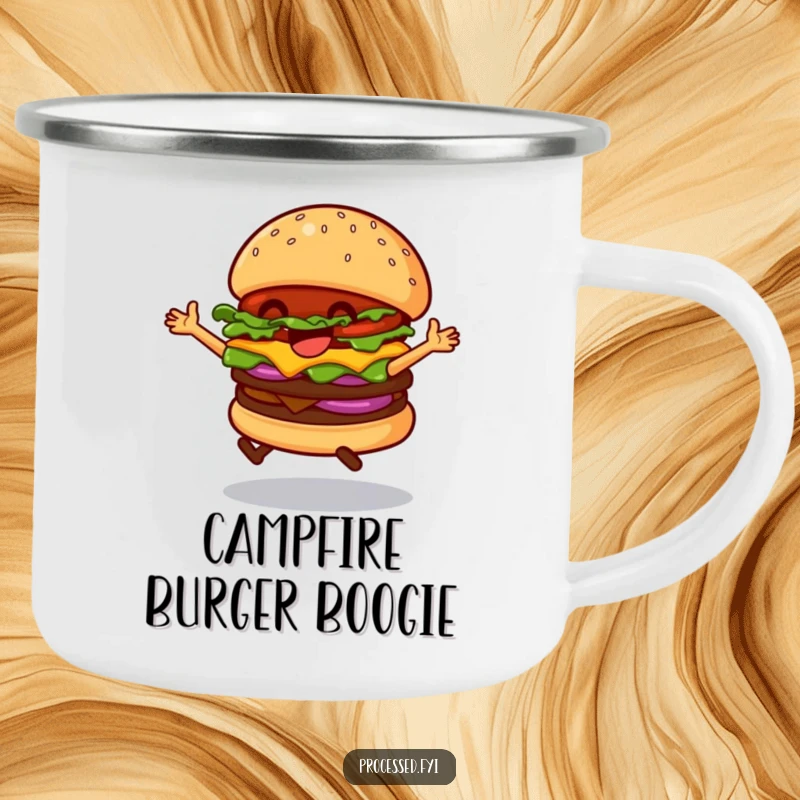 Funny Dancing Hamburger Camping Mug, a joyful burger grooving, perfect for outdoor fun and hot drinks.