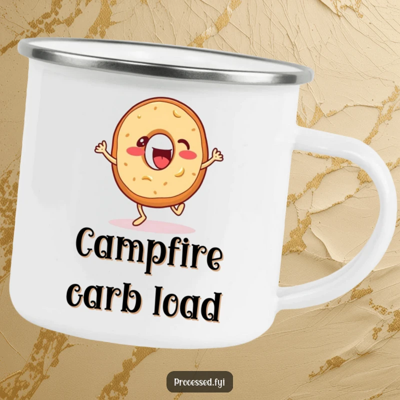 Funny camping mug with an energetic bagel with cream cheese, enthusiastically tapping its feet, durable for outdoor use