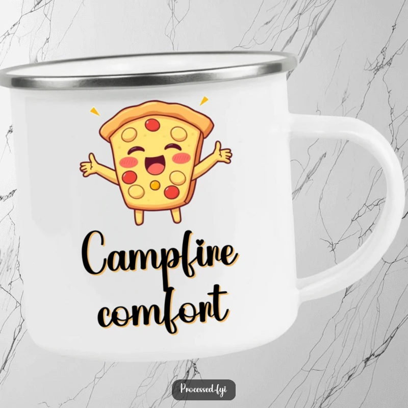 Funny enamel camping mug featuring a beaming slice of pizza with arms outstretched, giggling happily, perfect for outdoor trips and gifts.