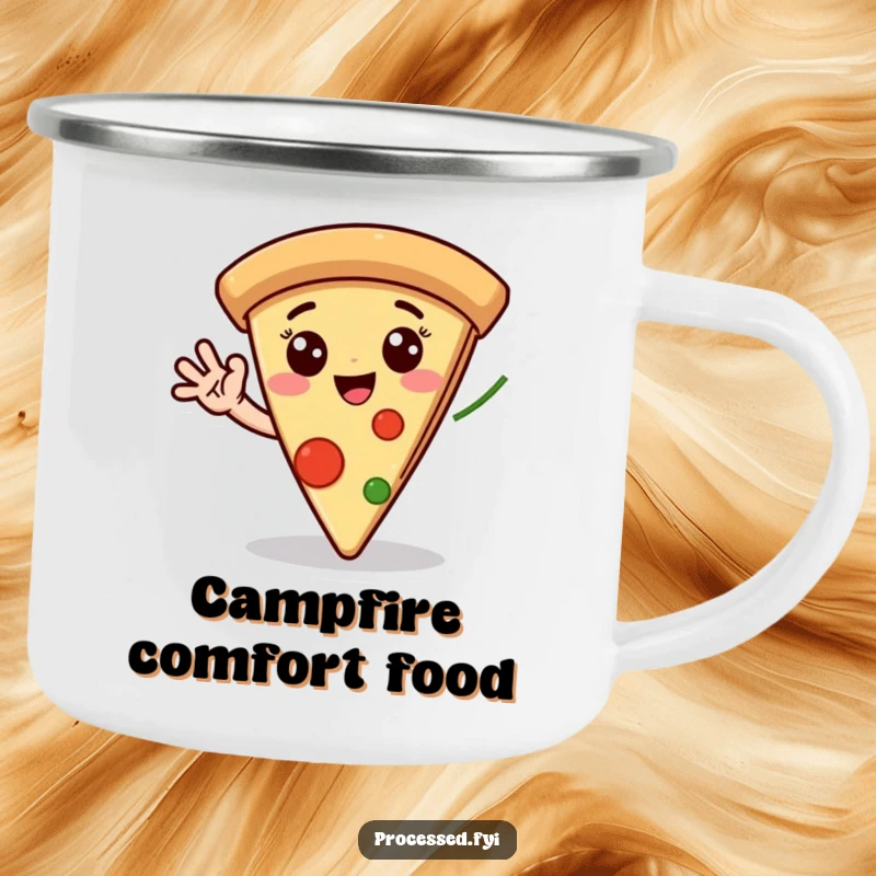 Funny camping mug showcasing a beaming pizza slice with wide eyes, its pepperoni hand waving a friendly hello during outdoor escapades.