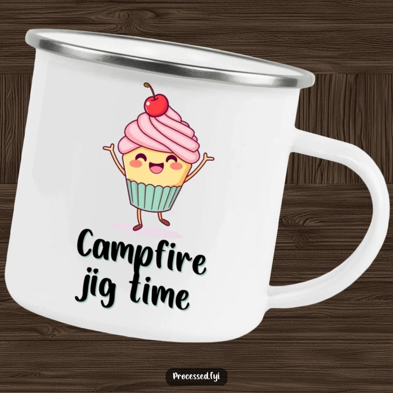 Funny Cupcake Jig Camping Mug: A cheerful cupcake with a cherry on top dancing, perfect for enjoying treats outdoors.