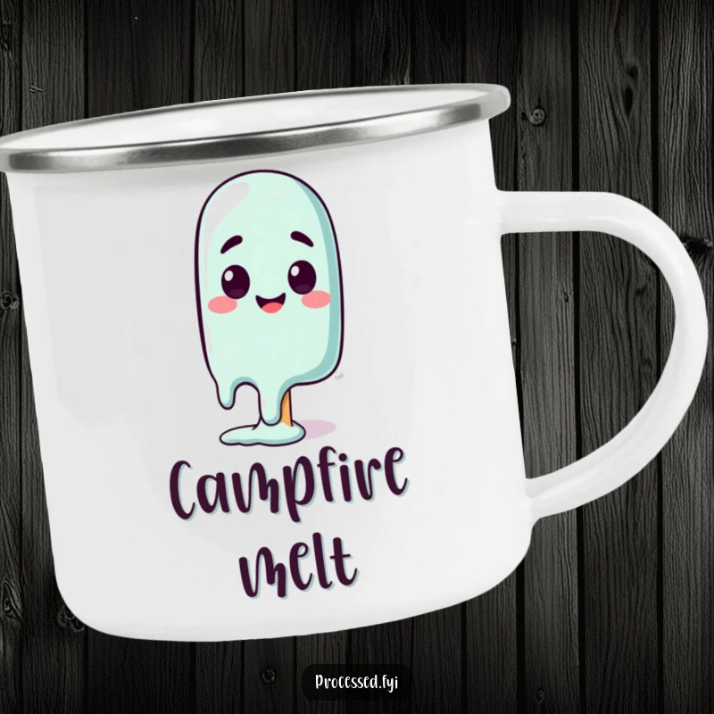 Funny camping mug with a curious melting popsicle character showing a happy, surprised face, humorous for outdoor use.