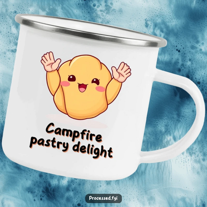 Funny camping mug with a cheerful, waving croissant, ideal for outdoor breakfasts and spreading morning cheer.