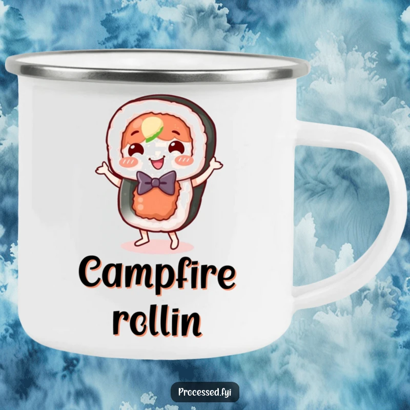 Funny sushi roll camping mug, a happy food character in a bow tie, doing a joyful little dance.