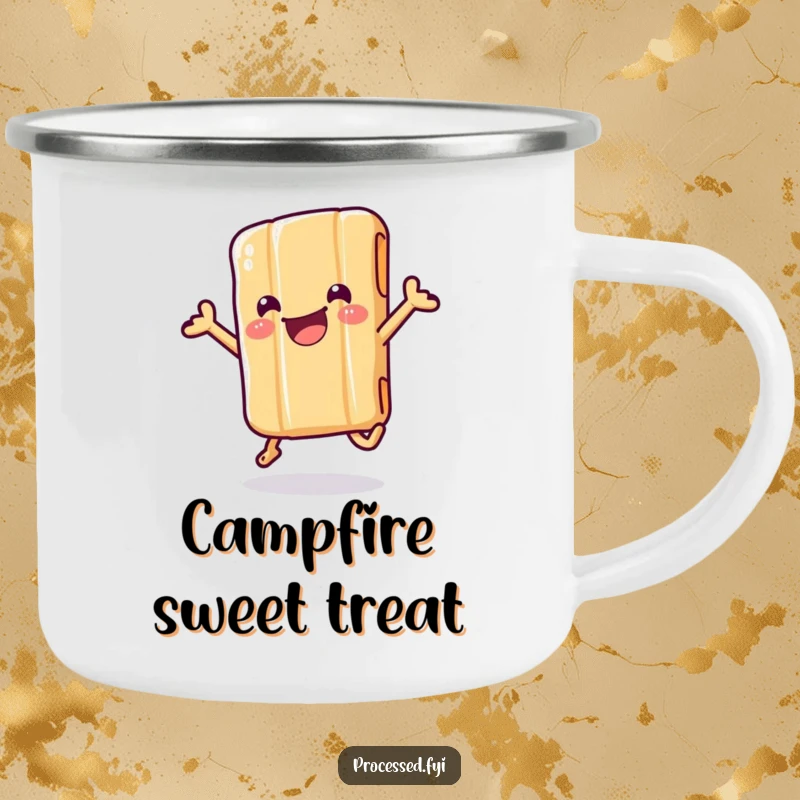Funny camping mug with a wiggling candy bar in its wrapper, captured mid-jump with pure, energetic, sweet delight.