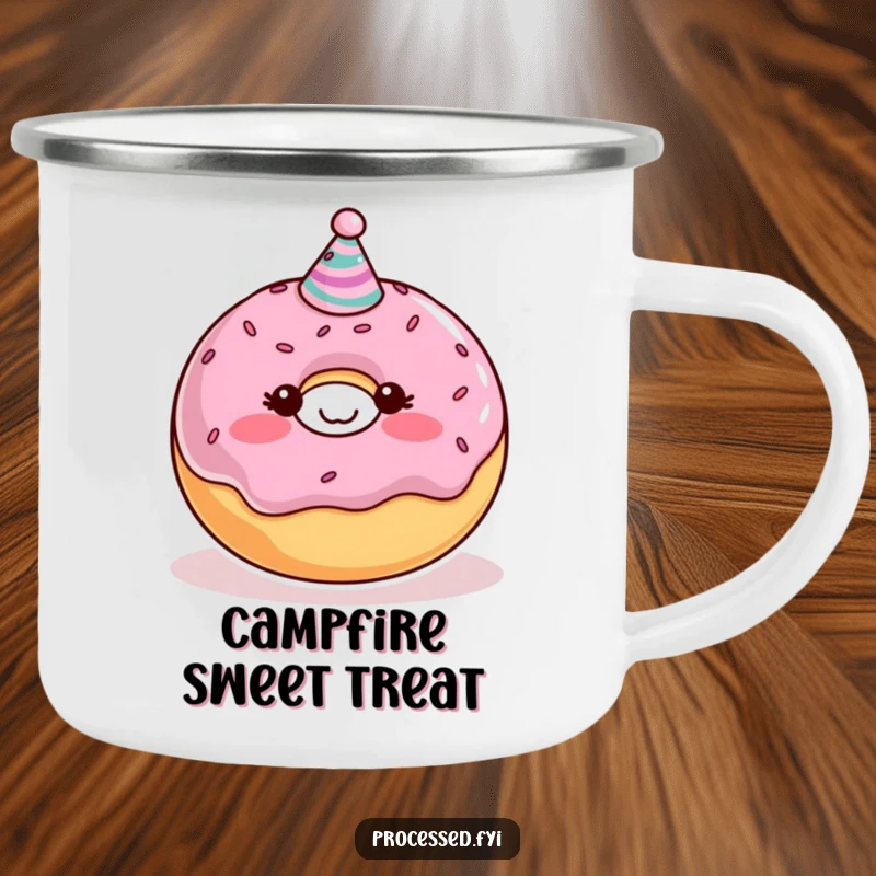Funny Donut Camping Mug featuring a blushing character with a party hat, built for outdoor fun and adding a sweet humorous twist.