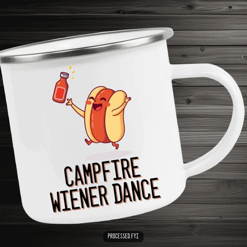 Funny hot dog camping mug with a dancing wiener in a bun tossing a ketchup bottle, designed for outdoor fun.
