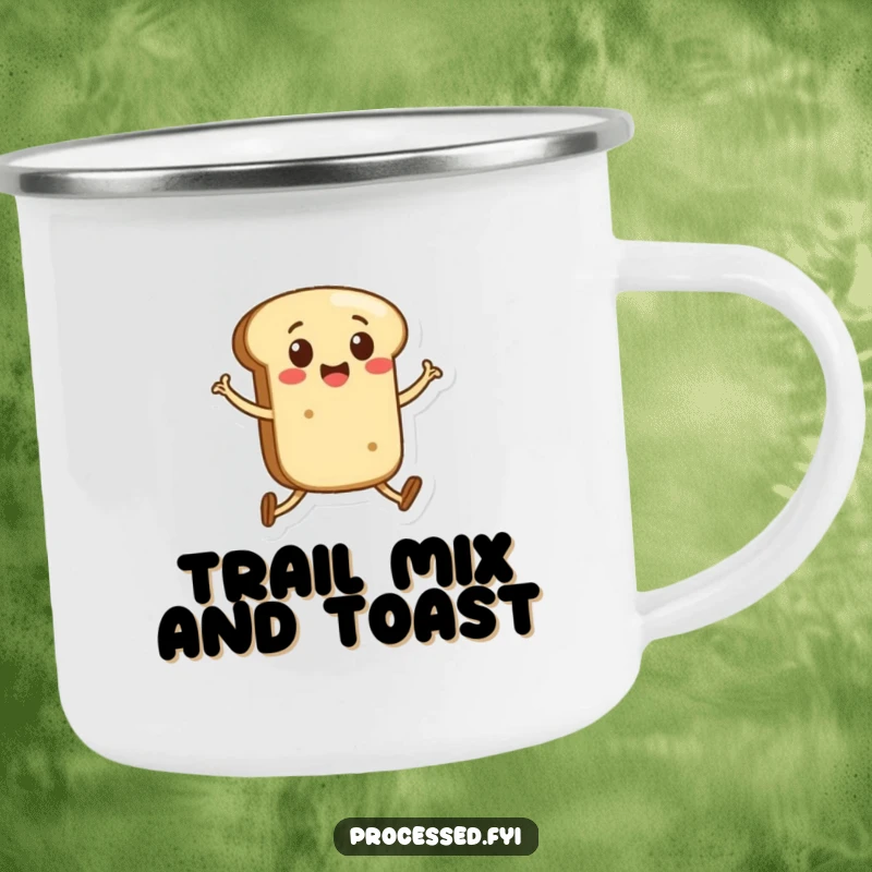 Funny camping mug featuring a happy anthropomorphic bread roll with legs skipping, ready for outdoor escapades and warm drinks.