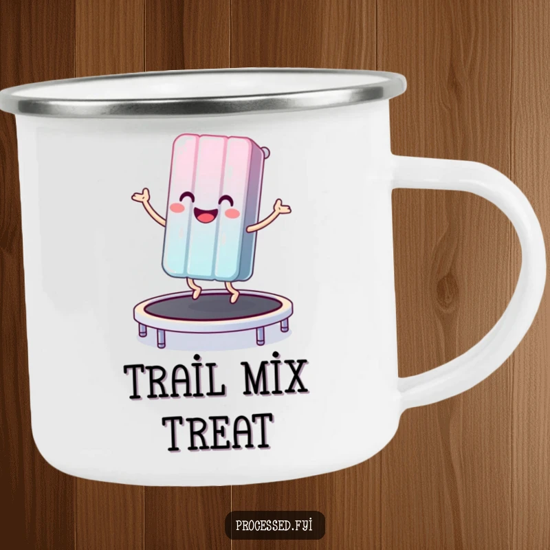 Funny camping mug showing a happy anthropomorphic candy bar bouncing on a trampoline, ready for outdoor fun and sweet sips.