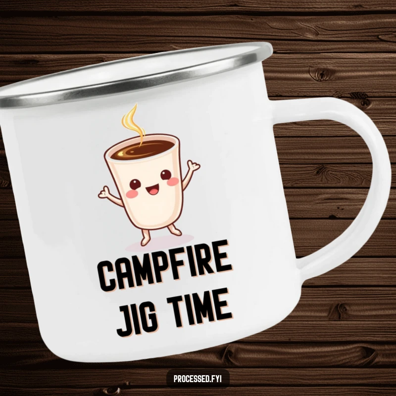 Funny cheerful coffee cup doing a jig on a durable camping mug, perfect for outdoor coffee breaks.